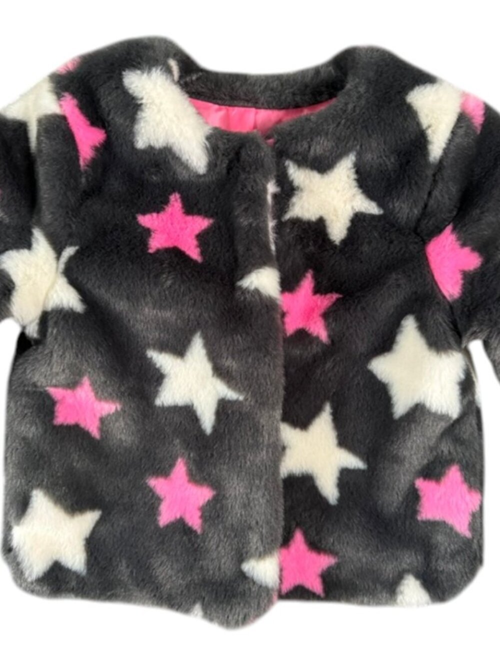 Cat & Jack Girls' Faux Fur Jacket with Stars Grey Pink White Medium 7/8 NWOT - Picture 4 of 12